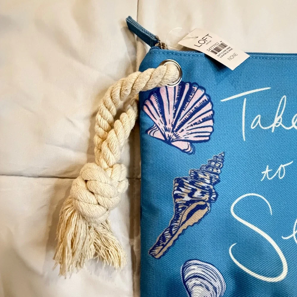 Loft Outlet Blue Take Me To The Sea Seashell‎ Canvas Pouch Clutch Rope Tassel